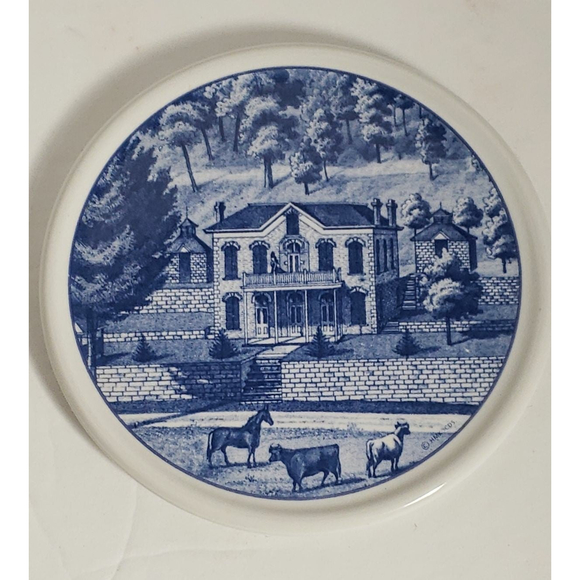 VTG Hallmark Coasters Set Of 4 Farm Scenery Missouri Round Blue and White - Picture 5 of 7